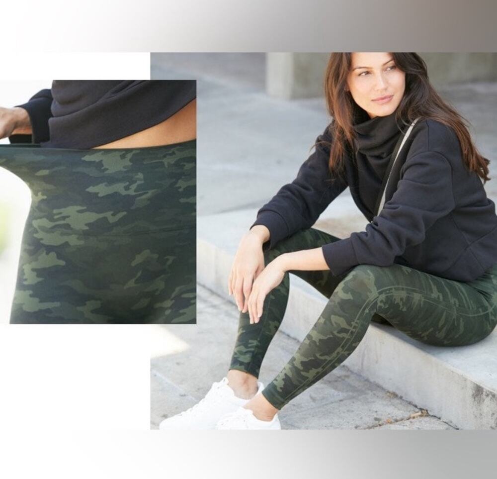 SPANX Women's Army Green Camo High Waisted Look At Me Now Leggings Sz M